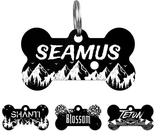 Etiquetas de identificación grabadas para mascotas, Placas de personalizadas para perros y gatos, Placa de acero inoxidable redondas negra grabada con láser, Etiquetas para collar de perro (Hueso)