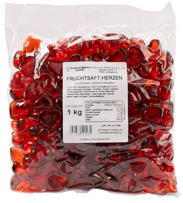 Herz-Fruchtgummi Himbeere, 23% Fruchtsaft, glutenfrei, Geschenk, 1 kg | Herz-Fruchtgummi Himbeere, 23 % Fruchtsaft, ohne künstliche Farbstoffe, glutenfrei & laktosefrei – Geschenk-Großpackung 1 kg