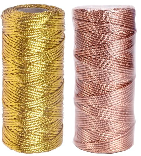 Cordon Métallique Fil Dore Deco Ficelle Dorée 2 Rouleaux 100m Fil Doré Noel pour DIY Artisanal Décoration Bricolage Tressé Emballage Les Cadeaux La Fabrication de Bijoux (Gold + Rosegold)