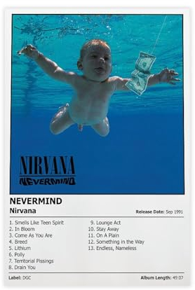 ZOLULA Nevermind – Musikalbum-Poster, Leinwand, Poster, Wandkunst, Dekordruck, Bild, Gemälde für Wohnzimmer, Schlafzimmer, Dekoration, ungerahmt, 30 x 45 cm