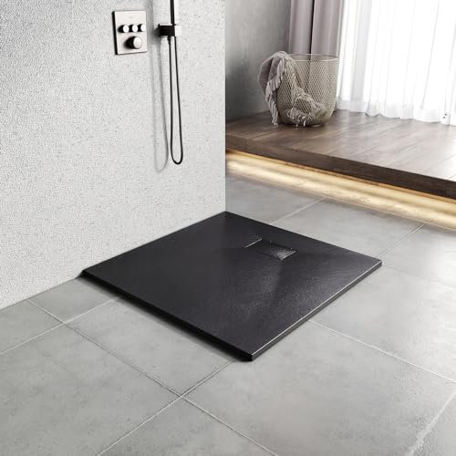 Heilmetz Receveur de Douche 90x90x2.6cm Bac de Douche en Verre-RéSine SMC, Bac à Douche avec Drain Inclus, pour Cabine Douche, Effet Pierre, Noir Anthracite