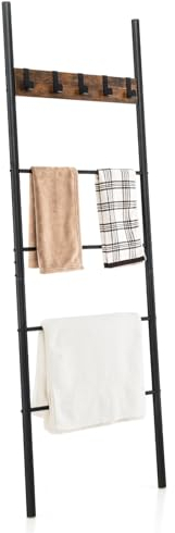 COSTWAY Blanket Ladder, 5-Tier Industrial Towel Ladder Shelf with 5 Hooks, Metal Frame Wall Leaning Blanket Towel Rack Decorative Storage Shelving Unit for Bathroom Living Room, Rustic Brown+Black
