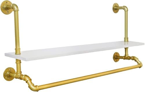 LANNADD Metall Kleiderstange, Garderobenstange Industrierohr Kleiderstange Mit Regal Industrie Garderobe, Wand Garderobenleiste Hängegarderobe Gold Geeignet für Bekleidungsgeschäfte Wohnungen