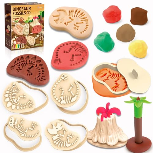 Bambebe Knetwerkzeug Knete Zubehör, 13 Stück Knete Zubehör Creation, Dino-Teig Werkzeuge und Formen Knete Zubehör mit Vulkan und Fossilien für Jungen Mädchen, Kreatives Lernspielzeug-Geschenkset