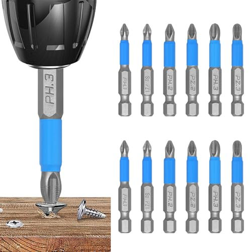 ANBOO 12-teiliges Länge 50mm Magnetischer Kreuzschlitz Pozidriv Schrauber Bit Set, PH/PZ Bits 1/4 zoll Sechskant-Schaft Schraubendreher Bohrer Bit, Zubehör Bohrschrauber und Schraubendreher Länge