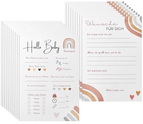 DEARBAG 20x Babyparty Spiele Karten zum Ausfüllen, Babyshower Ratespiel Tippkarten Jungen und Mädchen - Tolles Spiel für die Gender Reveal Feier und Babyparty, Beidseitig Bedruckt - Deutsch