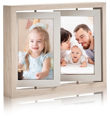 360° Drehbarer Bilderrahmen, Bilderrahmen 10x15 Holz mit Doppelglas, Fotorahmen Doppelseitig 4 Fotos für Schreibtisch, Büro, Familie, Hochzeit oder Jahrestag