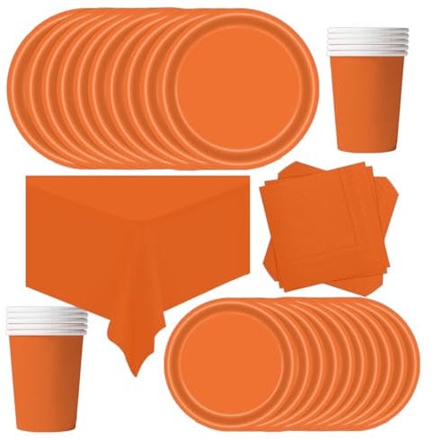 POPOYU 69 Pièces Vaisselle Jetable Anniversaire Orange,Assiette Carton Papier Tasses Serviettesr Nappe pour Fête de Noël,Vaisselle de Fête Enfants,Barbecue Les Fêtes Les Pique-niques(16 Invités)
