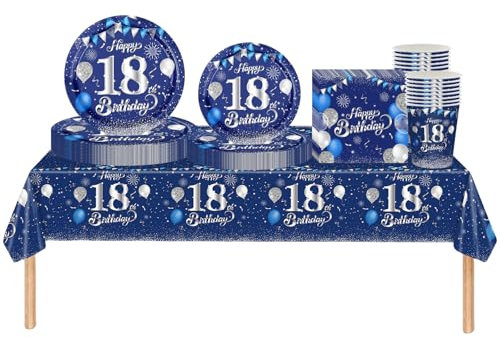 69pc Navy Silver 18th Decorations - Boys Girls Tableware, Tablecloth, Plates, Napkins, Cups for Birthday Table Decoration