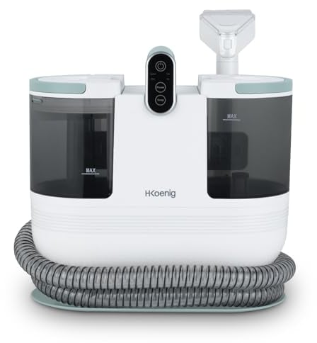 H.Koenig Nettoyeur Textile à Main Eau Chaude TWT88, Double Réservoir 1600mL et 950mL, Débit d'Eau 290mL/min, Température jusqu'à 60°C, 2 Niveaux d'Aspiration, 1200W