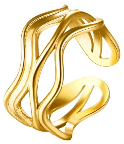 JewelryWe Gold Offener Ring Damen: 10mm breit Edelstahl Vergoldet Verstellbar Dick Goldring Chunky Statement Fingerringe Hohle Geschichtete Welle Band Ring Daumenring Geschenk für Männer Frauen
