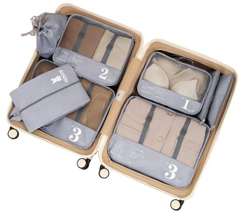 Lammcou Koffer Organizer, 8-Teilige Packwürfel Set Packing Cubes, Kleidertaschen Packtaschen mit Kosmetiktasche, Schuhe Beutel, Travel Essentials Ordnungssystem für Urlaub & Reisen (Grau)