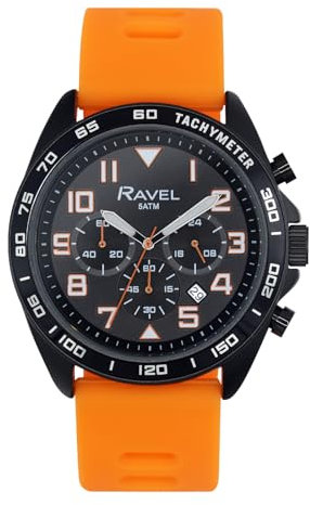 Ravel Plus - Schwarze Chronographen-Sportuhr für Herren (46 mm) mit Silikonarmband - 50m Wasserdicht - Japanischer Analogquarz - RP.CHR.002M - Orange