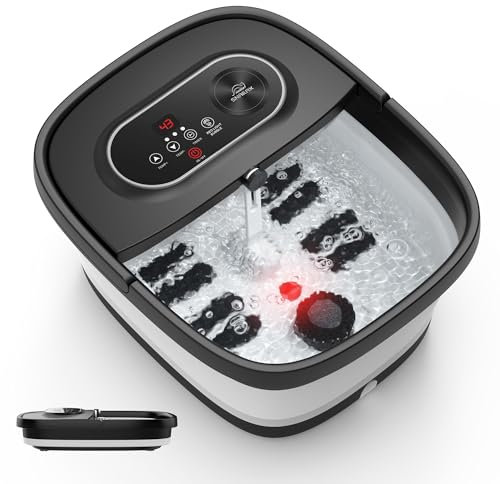 Snailax Pediluvio pieghevole con massaggio e riscaldamento, pediluvio con ruote shiatsu, 14 livelli di riscaldamento, bolle, luce rossa, timer, pedana elettrica 35℃-48℃, massaggiatore per piedi