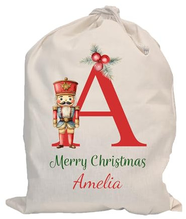 Personalised Santa Sack with Custom Name | Large Christmas Sack for Gifts | Xmas Gift Bag for Under Tree | Christmas Eve Bag | Christmas Stocking Alternative - Red Initial Nutcracker (Cotton)