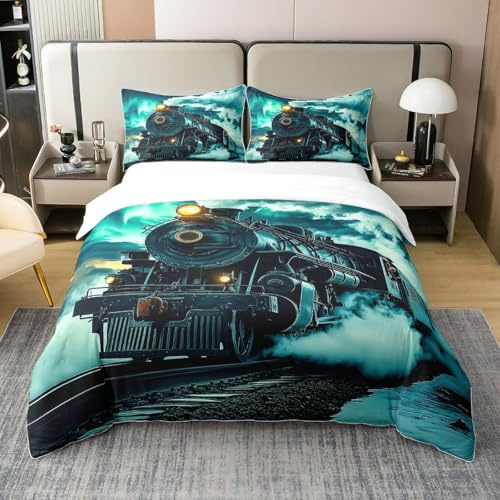 Homewish Retro Dampfmaschine Baumwolle Bettbezug 135x200 Kinder Teens | Erwachsene Zug Eisenbahn Gleis Bettwäsche Set Zug Eisenbahn Gleis Bett Set Türkis Bettbezug mit 1 Kissenbezug Schlafzimmer
