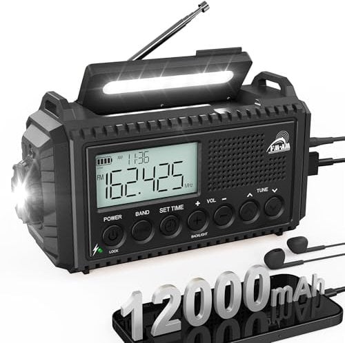 Kurbelradio mit Solar & 12000mAh Powerbank | AM/FM/SW Notfallradio, USB-C Handyladung, SOS-Alarm, Taschenlampe & Leselampe | Radio mit Weltempfänger | Wasserdicht, Tragbar für Camping, Outdoor,Schwarz