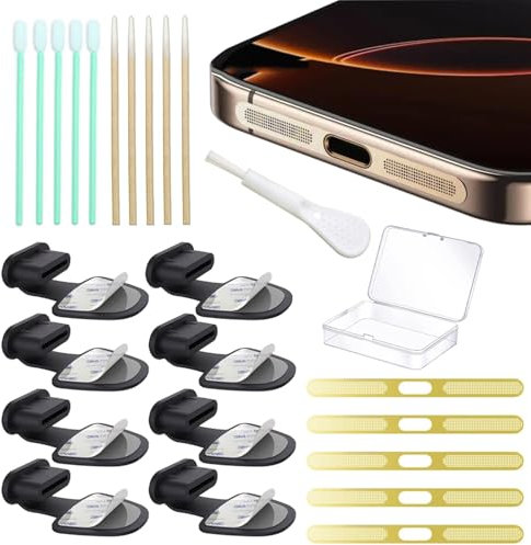 8 Packs New Dust Plug for iPhone 17 16 15 Series, USB C Cover Cap, USB C Port Cleaner, Phone Speaker Cover, with Cleaning Kit (Type C17(Golden))