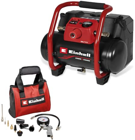 Einhell Akku-Kompressor TE-AC 36/150 Li OF-Solo Power X-Change (36 V, max. 8 bar, 6 l Tank, 150 l/min Ansaugleistung, Manometer, ölfrei, inkl. 10-tlg. Zubehör-Set, ohne Akku)