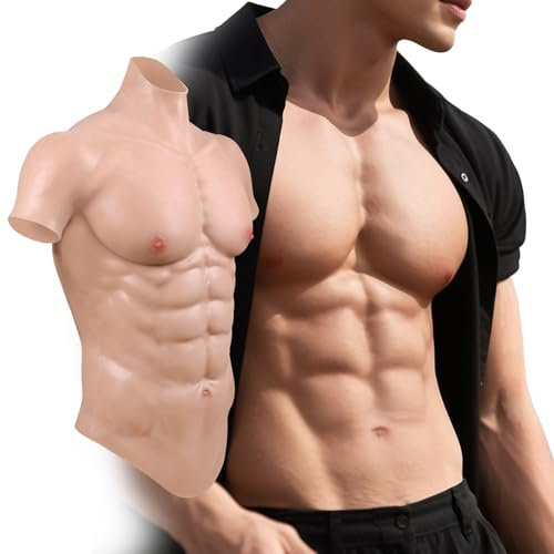 YEEFAIRY Réaliste Silicone Faux Musculaire Abdominaux Muscle Culturisme Texture de Peau Fake Poitrine Armure Homme Col Haut Gilet pour Cosplay Halloween Comédien (Peau Beige, Taille M)