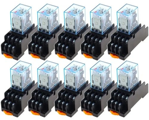 10 piezas MY4NJ DC/AC 12 V 24 V 36 V 48 V 110 V 220 V Bobina 5 A 4 NO 4 NC Relé de potencia Riel de 14 pines Relé de tiempo con base de zócalo(AC,12V)