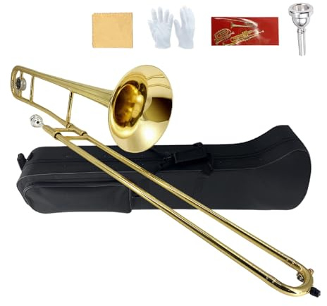 YoungMonic Bb Tenor-Posaune B-Klar Gold Messingbeschichtete Posaune für Anfänger und Erwachsene mit Mundstück, Tragetasche, weißen Handschuhen und Reinigungstuch