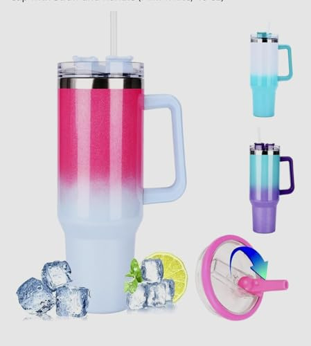 40oz Insulated Stainless Steel Tumbler with Handle & Straw – Leak-Proof Stainless Steel Travel Mug, Keeps Drinks Hot & Cold, Durable, Easy to Carry, Gradient Pink & Blue Cup for Coffee, Water & Tea