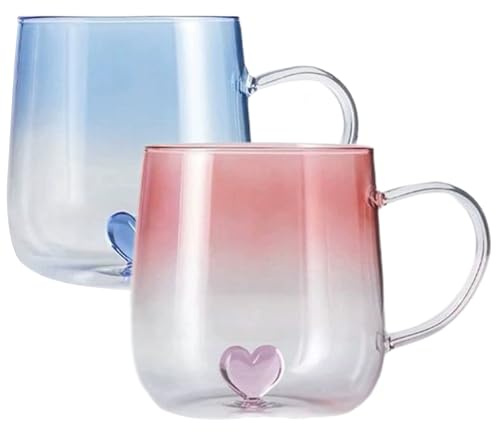 Couple Glass Coffee Mugs with Heart in Bottom, 400ml Romantic Glass Cups Set of 2, Valentines Day Gift for Her and Him, Friendship Gift