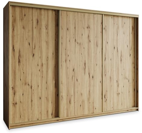 Masseno Schiebetürenschrank Nisse 270/205/60 cm Kleiderschrank mit Schubladen Schlafzimmer Schrank 3-türig Eiche Artisan + Gold
