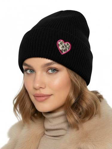 Baesics Wintermütze mit Herz Damen Herren Unisex, weiche kuschelige | Strickmütze Beanie, elastisch und warm, One Size für Herbst und Winter, Alltag und Outdoor, Geschenk Frauen Männer