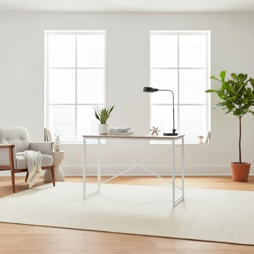 MOBLEKIT | Mesa Auxiliar Metal y Madera Blanca 100x40x72 cm, Escritorio Auxiliar con Estructura Blanca, Mesa Rectangular para Oficina, Salón o Dormitorio, Mueble Funcional y Estable para Hogar Moderno