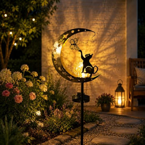 ZeiLaBang Kakadi Mond Solarleuchten Garten Deko,Garten mit Katze,Mond Solarleuchten Garte im Freien Solarlampe,Metall Mond Solar Gartenleuchte,Solarleuchte mit Erdspieß für draußen Terrasse Hof Rasen