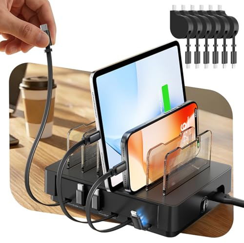 SooPii HomeHub H1 60W Charging Station for Multiple Devices, Black | 6-Port Fast Charger with Retractable Cables (4*C+2*iP),Tangle-Free Charging Organizer for iPhone 17/16,Samsung S26/S25,Tablet