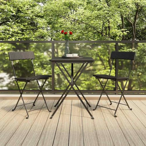 LoogCape 3-TLG. Klappbares Bistro-Set aus schwarzem Poly Rattan, wetterfestes Gartenmöbel-Set für Balkon, Terrasse und Veranda, platzsparend