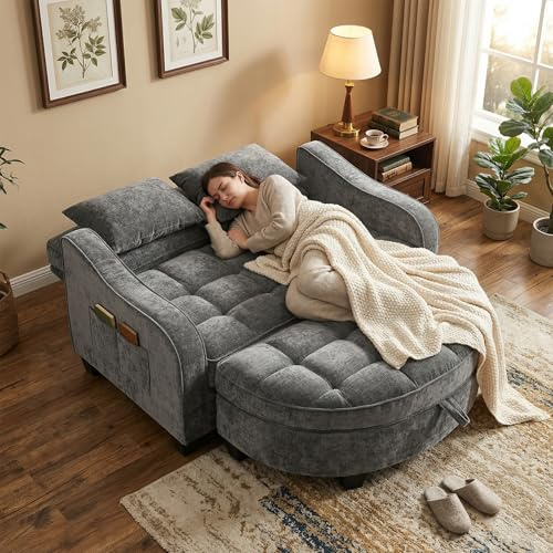 AliSefaiy Sofa mit Schlaffunktion, Schlafsofa Klein, 132×129×93cm 2-in-1 Schlafsofa Und Aufbewahrungs-Hocker & 4 Kisse, für Kleine Wohnzimmer, Studienzimmer, Schlafzimmer (Dunkelgrau)