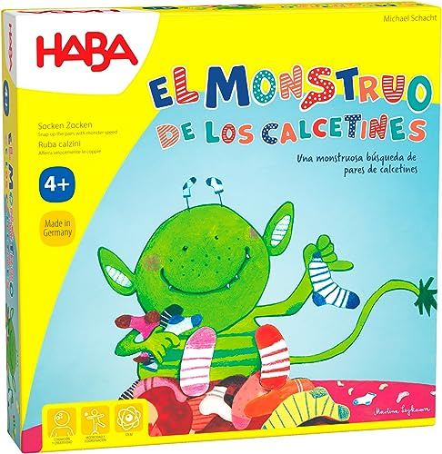 HABA Monstre des Chaussettes ESP (302255), Jeu de Recherche 2-6 Joueurs de 4 à 99 Ans, réaction Rapide et Conseils pour Le développement du langage, pour Toute la Famille, Multicolore