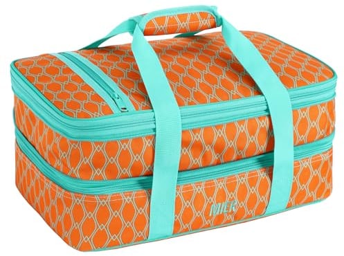 MIER Insulated Double Casserole Carrier Thermal Lunch Tote for Potluck Parties, Picnic, Beach, Fits 9 x 13 Inches Casserole Dish, Expandable, Orange