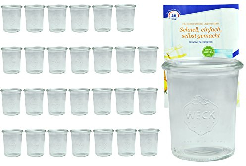 MamboCat 28er Set Weck Gläser 160 ml Dessertgläser incl. Diamant-Zucker Gelierzauber Rezeptheft I Weck Sturzglas Dessertglas I Einweckgläser für Kuchen Gelees UVM I Sturzgläser ohne Deckel