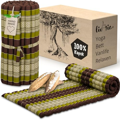 livasia Rollmatte Rollmatratze M schmal Einzelbett - 200x75x4,5cm - Gästebett Gästematratze 1 Person mit Muster, Reisebett Kofferraum Outdoor, Thaimatte Kapok Garten handgefertigt (Braun/Grün)