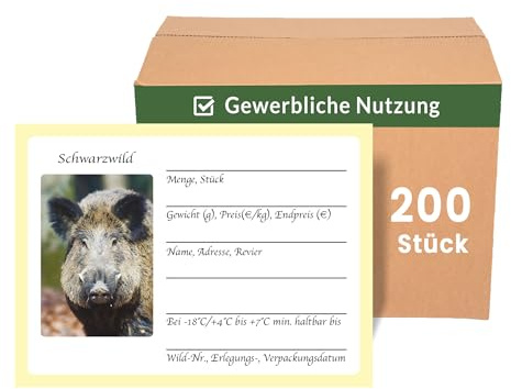 Wildbret Etiketten für Schwarzwild 200 Stück, Wildaufkleber für den gewerblichen Wildverkauf zur einfachen Wildkennzeichnung, 10x7.5cm, Jagdaufkleber, Jägerbedarf (Schwarzwild Gewerblich 200 Stück)