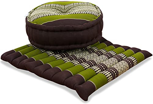 livasia Meditationsset L - Ø 38x15cm / Matte 50x50x4,5cm - Yogaset mit Kissen und Matte, Pouf, Yogamatte und Yogakissen mit Kapok handgefertigt, Bodenkissen Outdoor, Zafukissen (Braun/Grün)