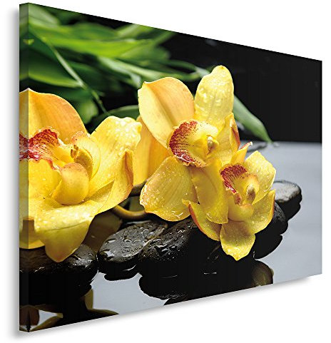 Feeby Frames, Tableau imprimé xxl, Tableau imprimé sur toile, Tableau deco, Canvas 30x40 cm, COMPOSITION, ZEN, ORCHIDÉE, EAU, GALETS, JAUNE, NOIR, SPA