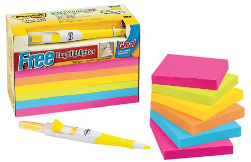 Post-it Notes Vorteilspack mit gratis Flagge Textmarker, 3 x 3 Zoll, verschiedene Neon Farben, 12-pads/Pack