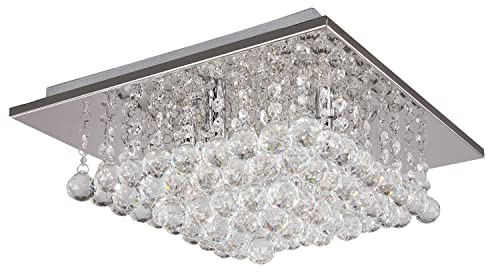 A1A9 Crystal Chandelier Lights, Modern Square Glass Droplet Ceiling Light Pendant Lamp, Flush Mount LED Chandeliers Fixture for Dining Room, Bedroom, Livingroom, Office, Size: L38cm W38cm H23cm