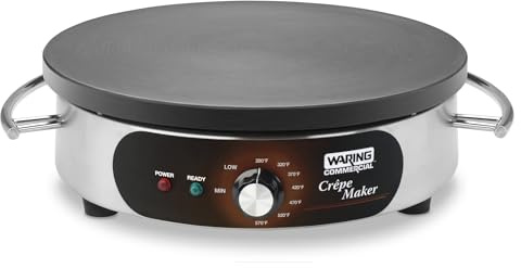 Waring Commercial WSC160X 16 Electric Crepe Maker, Cast Iron Cooking Surface, Stainless Steel Base, Includes Batter Spreader and Spatula, 120V, 1800W, 5-15 Phase Plug