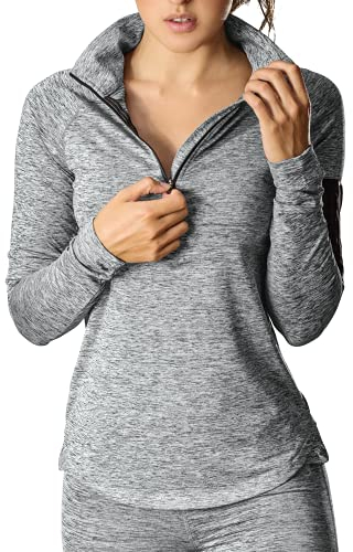 icyzone Women's Long Sleeve Running Yoga Top 1/2 Zip Sport Fitness Shirt with Thumb Holes (Athletic Grey, M)