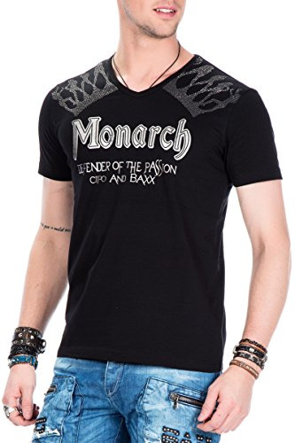 Cipo & Baxx Herren T-Shirt Kurzarm Rundhals Print Steinchen V-Ausschnitt Shirt Freizeit CT377