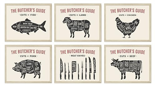TMO2 Butcher Guide – Beef Cuts Cow Poster-Set, kulinarische Klassenzimmer-Dekoration, Fleischdiagramm, ungerahmt, 6 Stück (20,3 x 25,4 cm)
