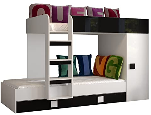 MEBLE KRYSPOL Toledo 2 Hochbett für 2 Kinder, Jugendliche mit Stauraum - Etagenbett mit Schreibtisch, Kleiderschrank, Regal, Schubladen, Treppe - 254x94x165 cm - Weiß, Schwarz, Weiß + Schwarz