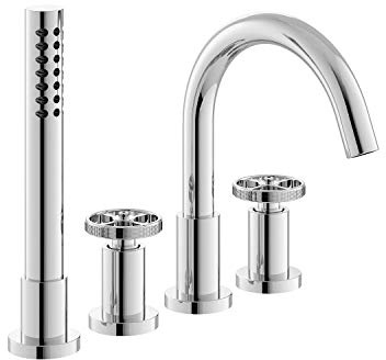Hudson Reed TIW334 Revolution ǀ Modern Bathroom Industrial Inspired 4 Tap Hole Bath Shower Mixer Tap with Two Round Handles, Swivel Spout, Shower Kit and Hose Retainer, 236mm x 345mm, Chrome
